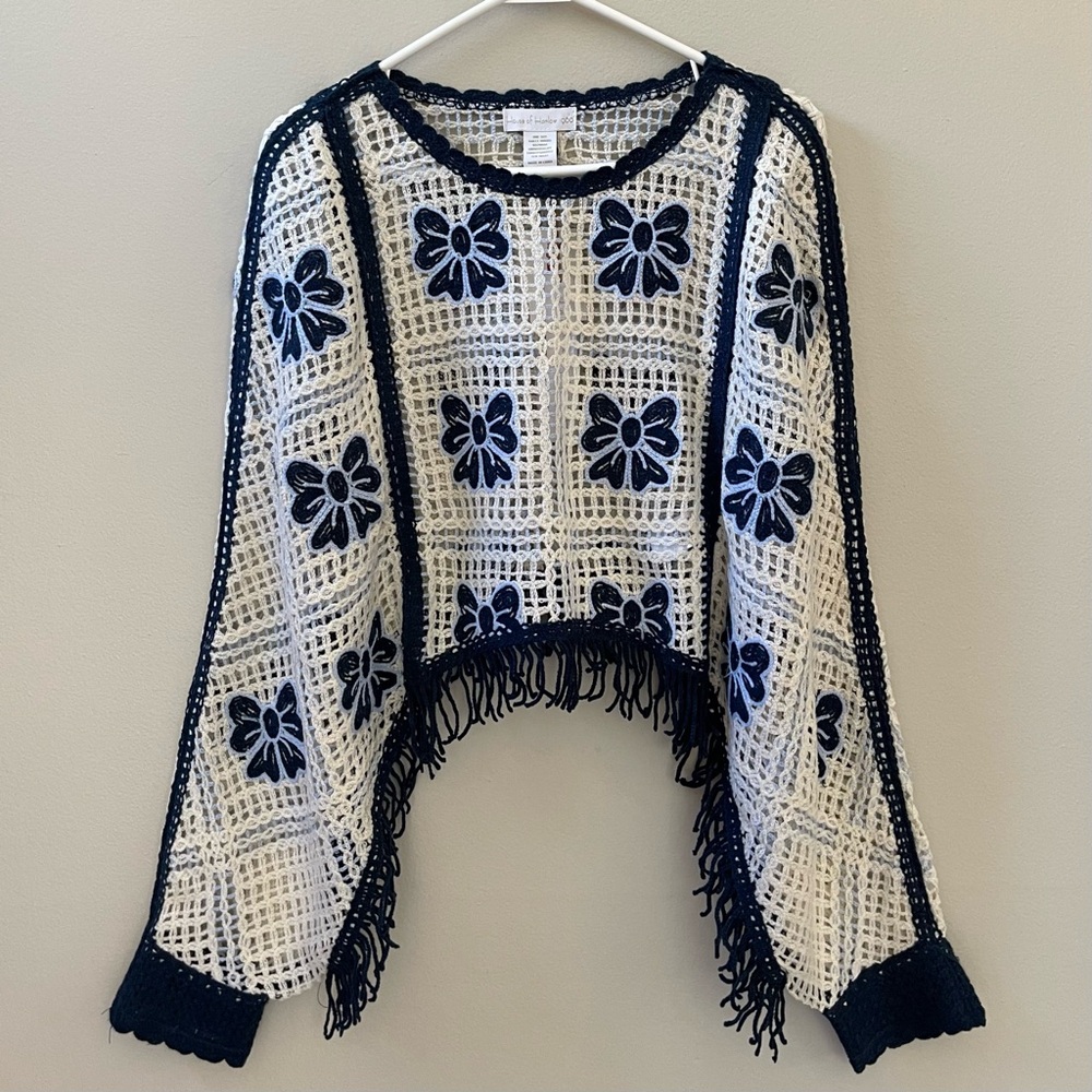 House of Harlow 1960 Navy and Cream Crochet Sweater, One Size